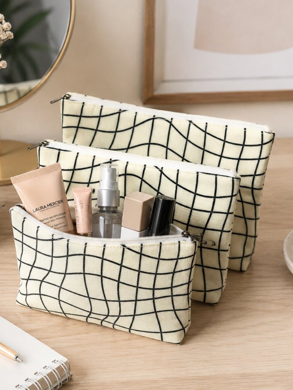 3 Pack Cosmetic Bags Grid Pattern Makeup Pouches Zipper Travel Organizer